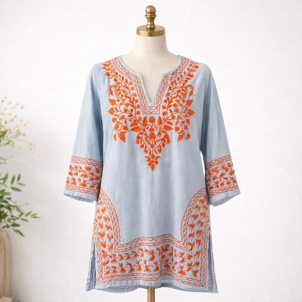 Gretchen Scott Tunic Top Size XS Blue Orange Embroidered V-Neck Cotton Coastal